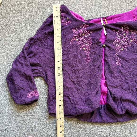Free People Cardigan Crinkly Purple Pink Wool Silk Beaded Fairy Shrug | Sz L - Picture 12 of 16